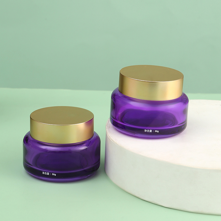 Luxury Empty Glass Face Cream Jar 30g Refillable Body Butter Jars 1oz Cosmetic Round Purple Glass Jars with Golden Matte Lids