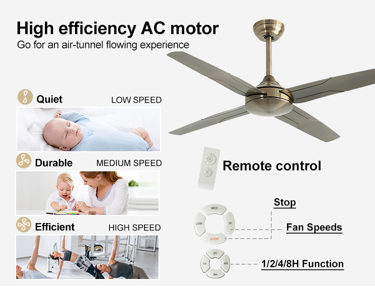 High Speed AC Pure Motor Copper Ceiling Fan with Remote Control and 4 Iron Blades