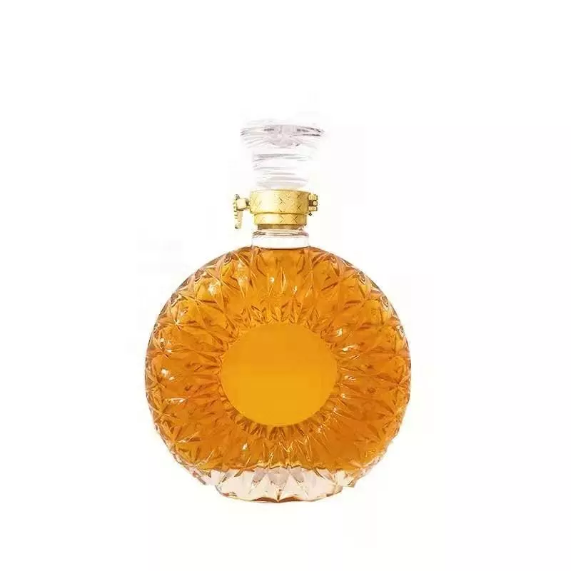 Glass Flat Round Fan Shaped Xo Brandy Bottle Clear White Wave Surface Spirits Liquor Bottle with Cork