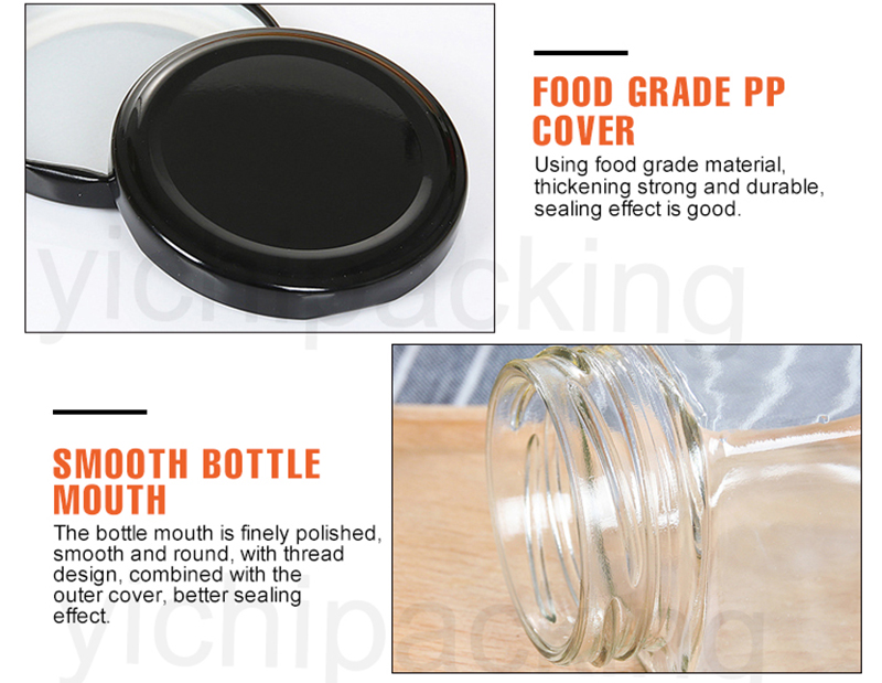 Food Storage Square Glass Jars , Portable 4 Inches Wide Mouth Glass Jars