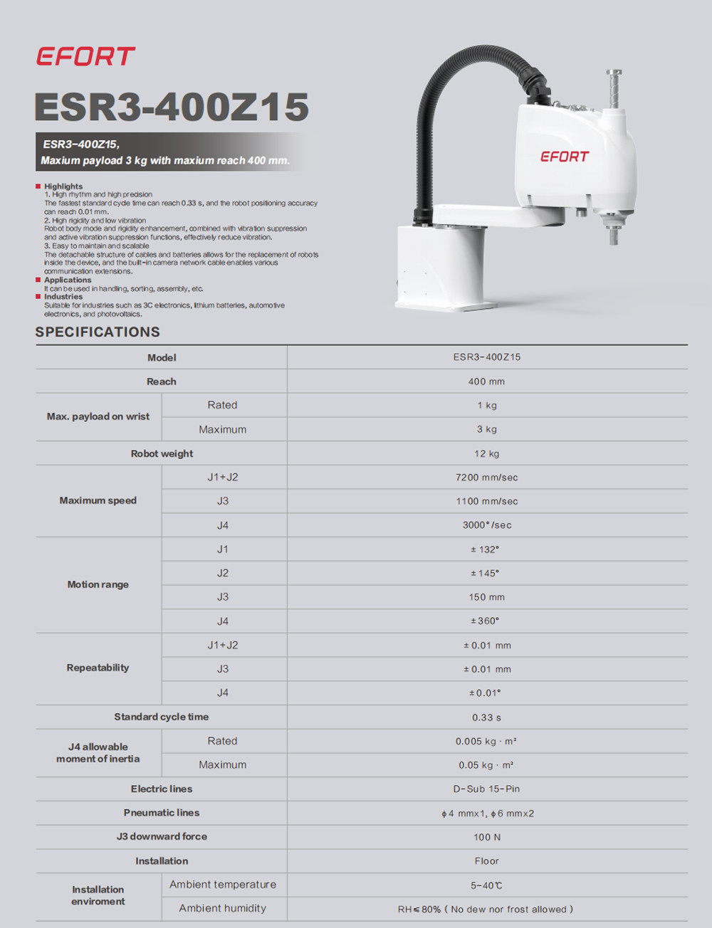 SCARA Robot In Handling Sorting Assembling For 3C Electronics Lithium Batteries Auto Electronics Photovolta ESR3-400Z15