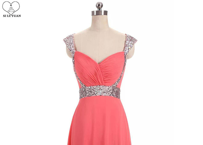 Silver Sequin A Line Ball Gown , Coral Red Chiffon Sweetheart Backless Prom Dress
