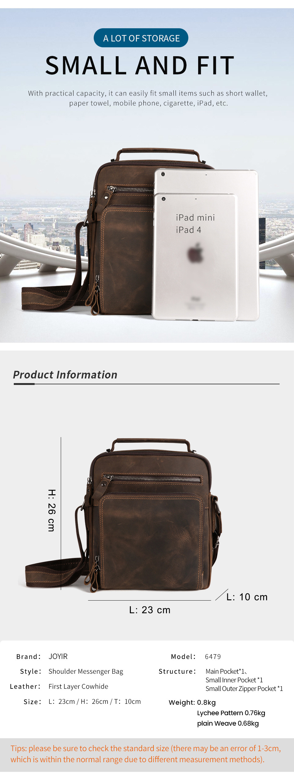 9.7 Inch Genuine Leather Men's Shoulder Messenger Bag with Multiple Pockets and No Decoration