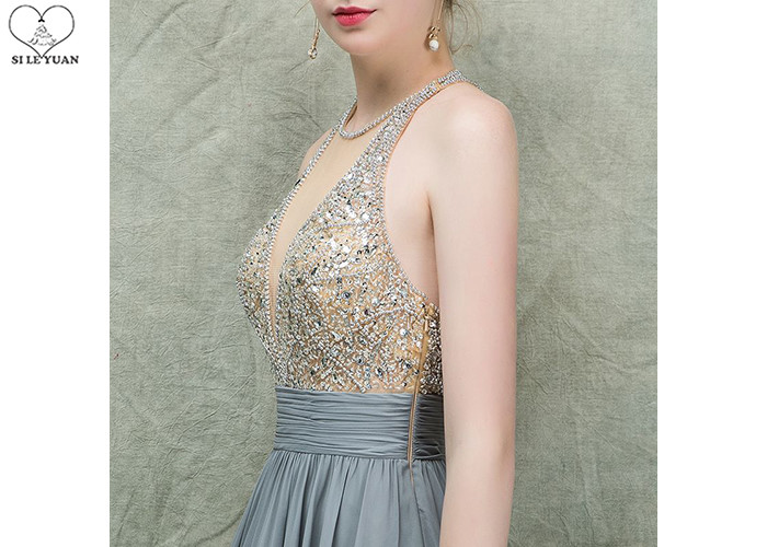 Hanging Neck Gold A Line Ball Gown Dress Beaded Deep V Neck Floor Length Chiffon