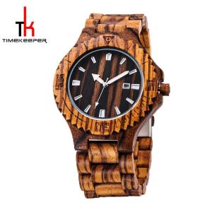 China Men's 45mm Waterproof Wood Watch Zebra Case Calendar Movement wholesale