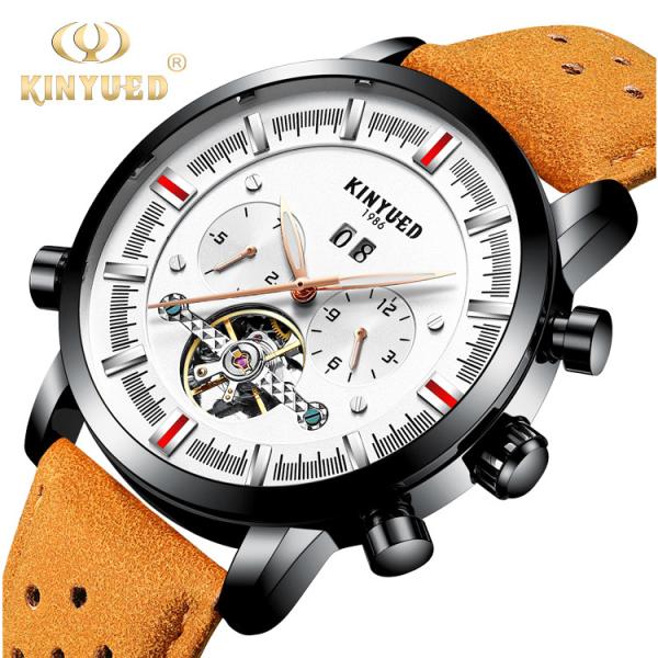 KINYUED J019-3 Private Label Gold Case Genuine Leather Auto Date Skeleton