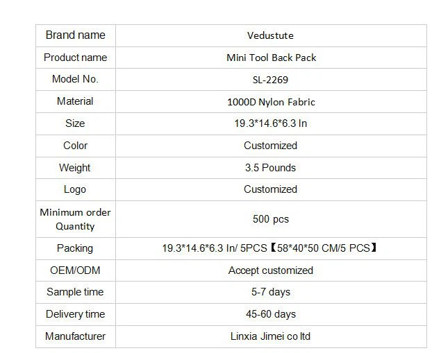 Water Resistant Mini Tool Back Pack 19.3x14.6x6.3 Inch Customized