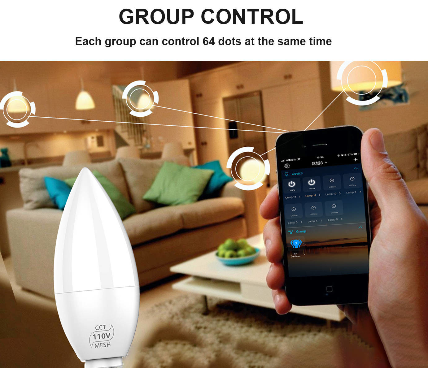 Smart Candle Bulb Bluetooth Mesh Network APP Group Voice Control 2700k To 6500k CCT