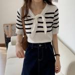 Navy Collar Thin Retro Striped Women Knit Sweater Contrast Color
