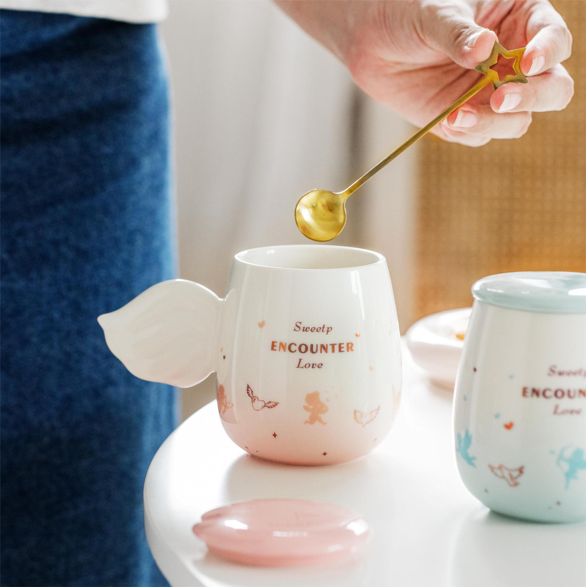 Enchanting Ceramic Mug with Angel-Wing Handles amp Golden Star Stirrer Adorned with Soft Pink amp Light Blue Gradients