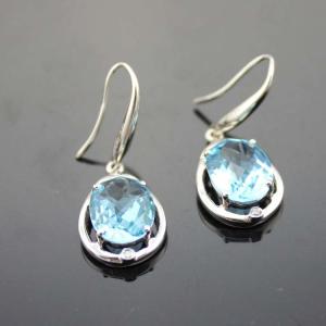 China 925 Sterling Silver Oval Blue Topaz Cubic Zircon Dangle Earrings (PSJ04195) wholesale