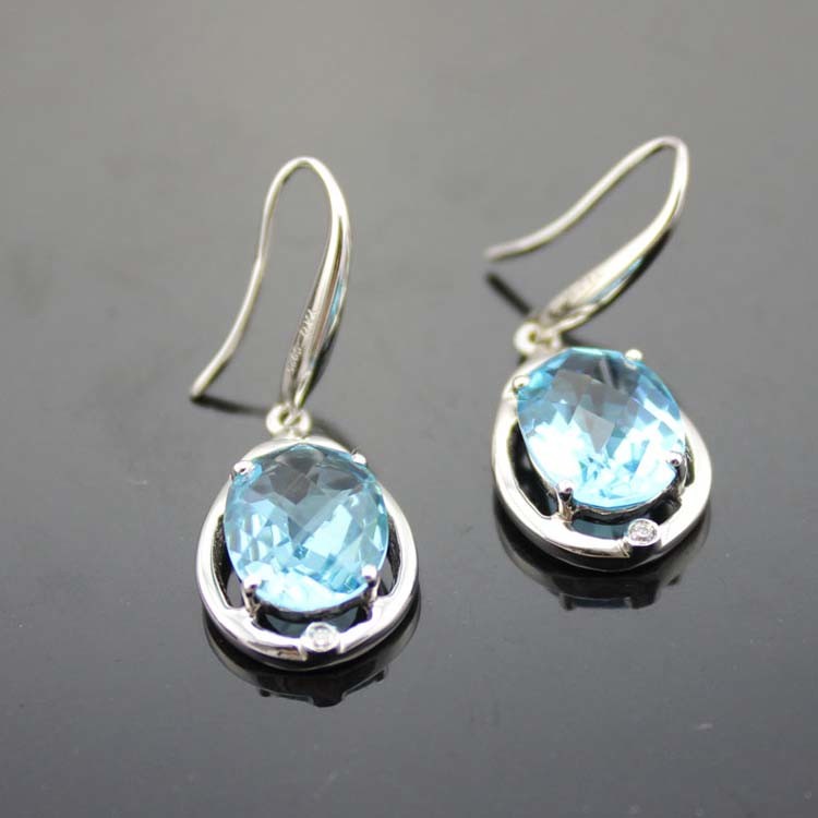 925 Sterling Silver Oval Blue Topaz Cubic Zircon Dangle Earrings (PSJ04195)