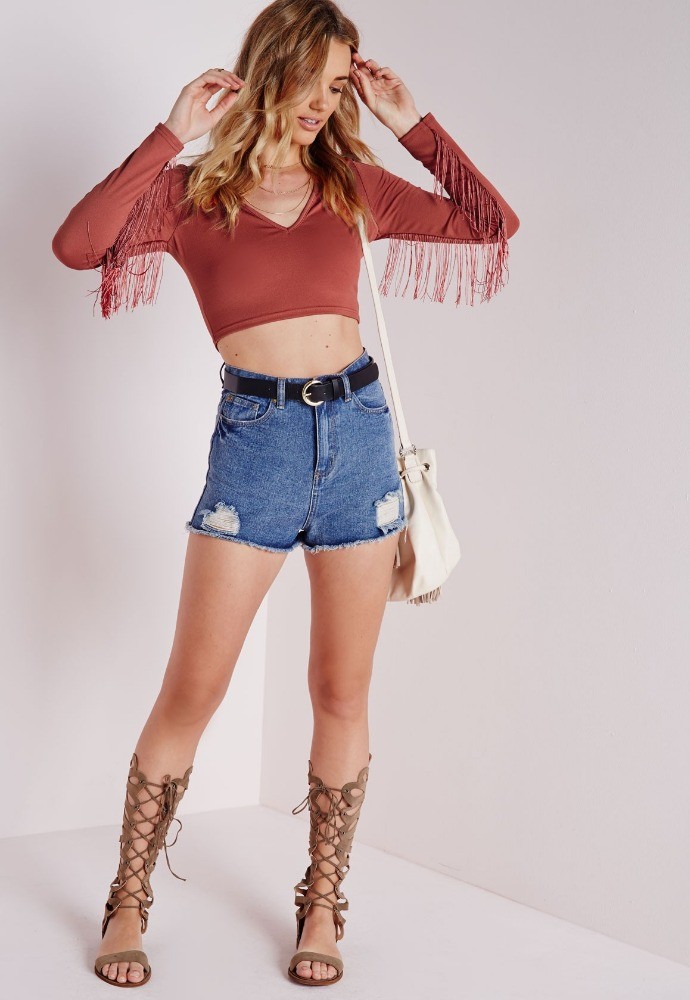 2018 ladies latest design fringe long sleeve off shoulder crop top
