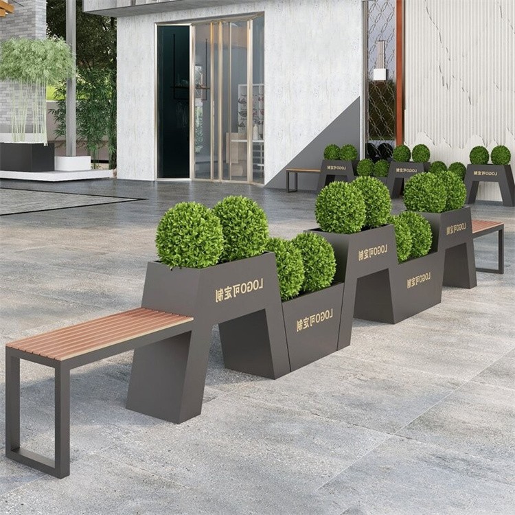 Outdoor large public chair with metal black planter pot