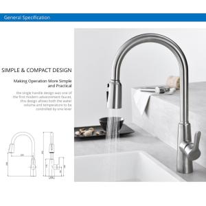 China Powerful High Flow Kitchen Faucet 18/10 Stainless Steel Retractable Sink Tap wholesale