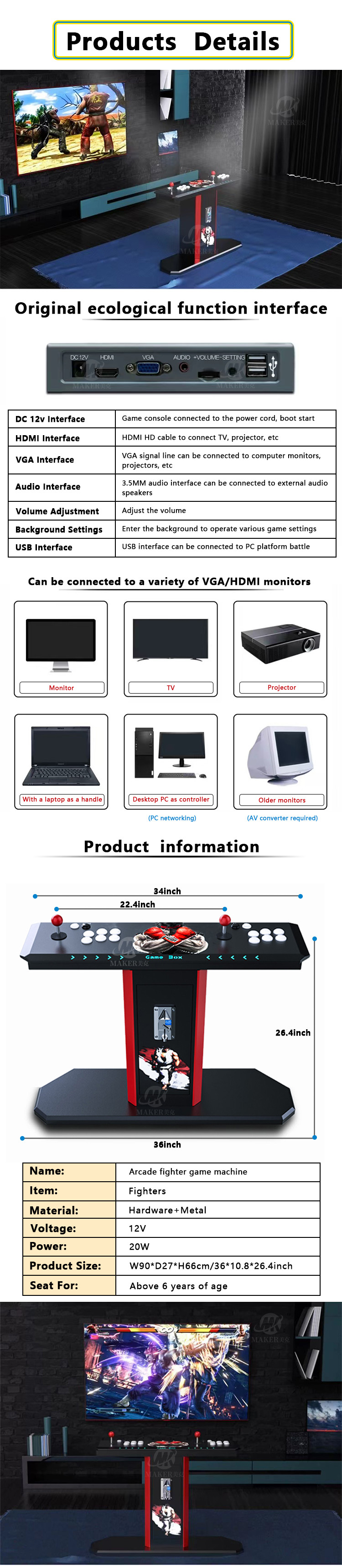 Coin Operated Arcade Video Game Fighting Machine Table Multi Game Classic Upright Cabinet Machine