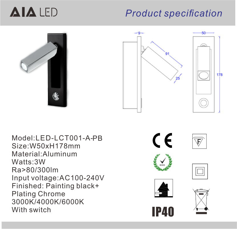 Recessed mounted bedside reading light led reading wall light 3W rotate bedroom headboard wall light for hotel