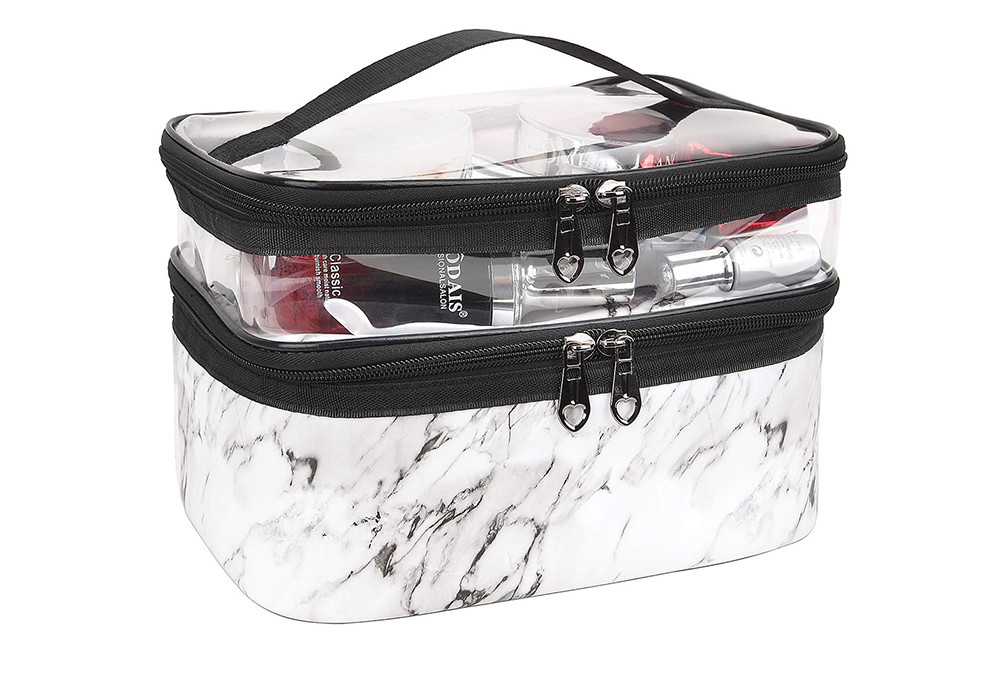 White Marble Double Layer Travel PU Leather Cosmetic Cases