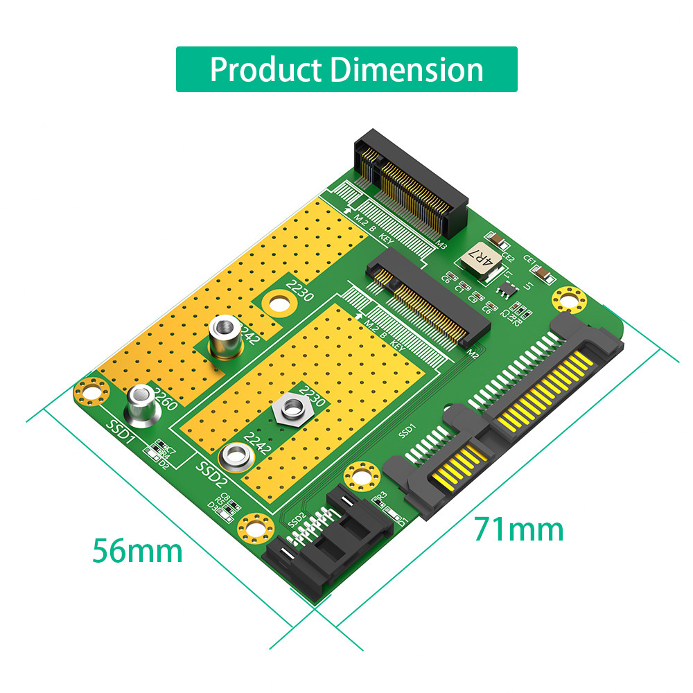 SATA 3.0 22PIN Interface to 2 x NGFF M.2 Key-B Key B+M SATA SSD Adapter Converter Card With SATA 7Pin Data Cable