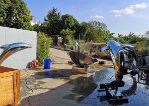 China Modern Design Art Mirror Polished Stainless Steel Sculpture Dolphin Fountain wholesale