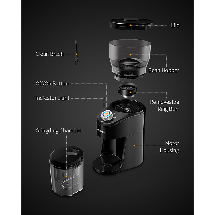100W Portable Automatic Black Coffee Grinder 240g Conical Burr 2-12 Cups 14 Adjustable