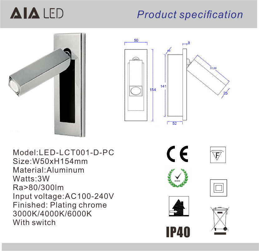Rotating Recessed mounted bed sides light 3W led bed lighting reading light bed head wall lamp