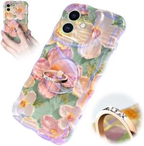 China iPhone 12 Pro Max case Ring, Oil Painting flower Colorful retro flower cute curly wave frame Women's Girl phone case wholesale