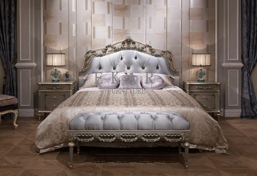 French Style Blue Fabric Leather Headboard Hand Carved Luxury Antique Bed