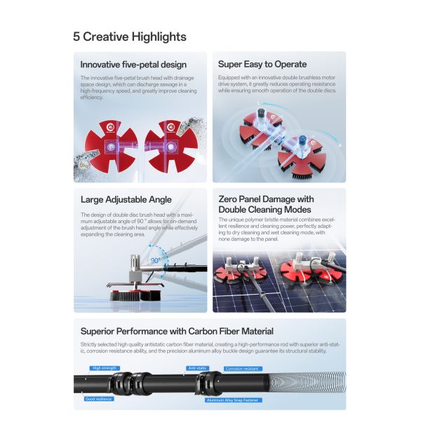 Solar Panel Cleaning Tools Extending Water Fed Wash Brush Spin Scrubber Equipment Powered Brush Systems