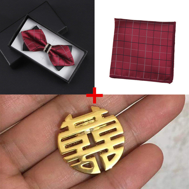Men's Bowtie Necktie Handkerchief Clip Set Ideal for Weddings and Special Occasions