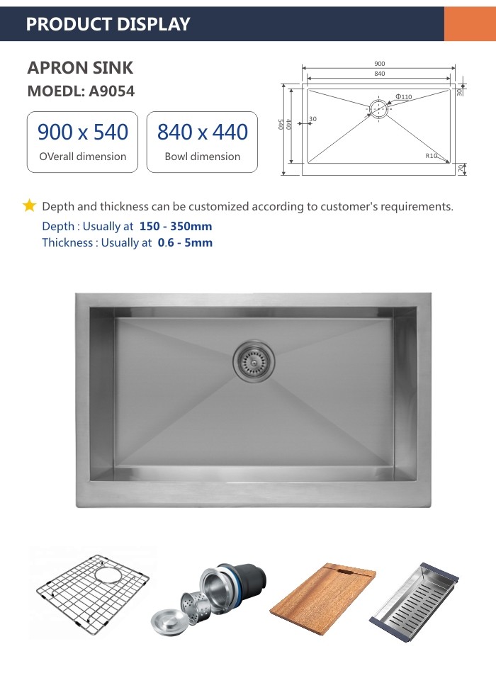 35 Inch Apron Stainless Steel Kitchen Sink Undermount Single Bowl 90x54