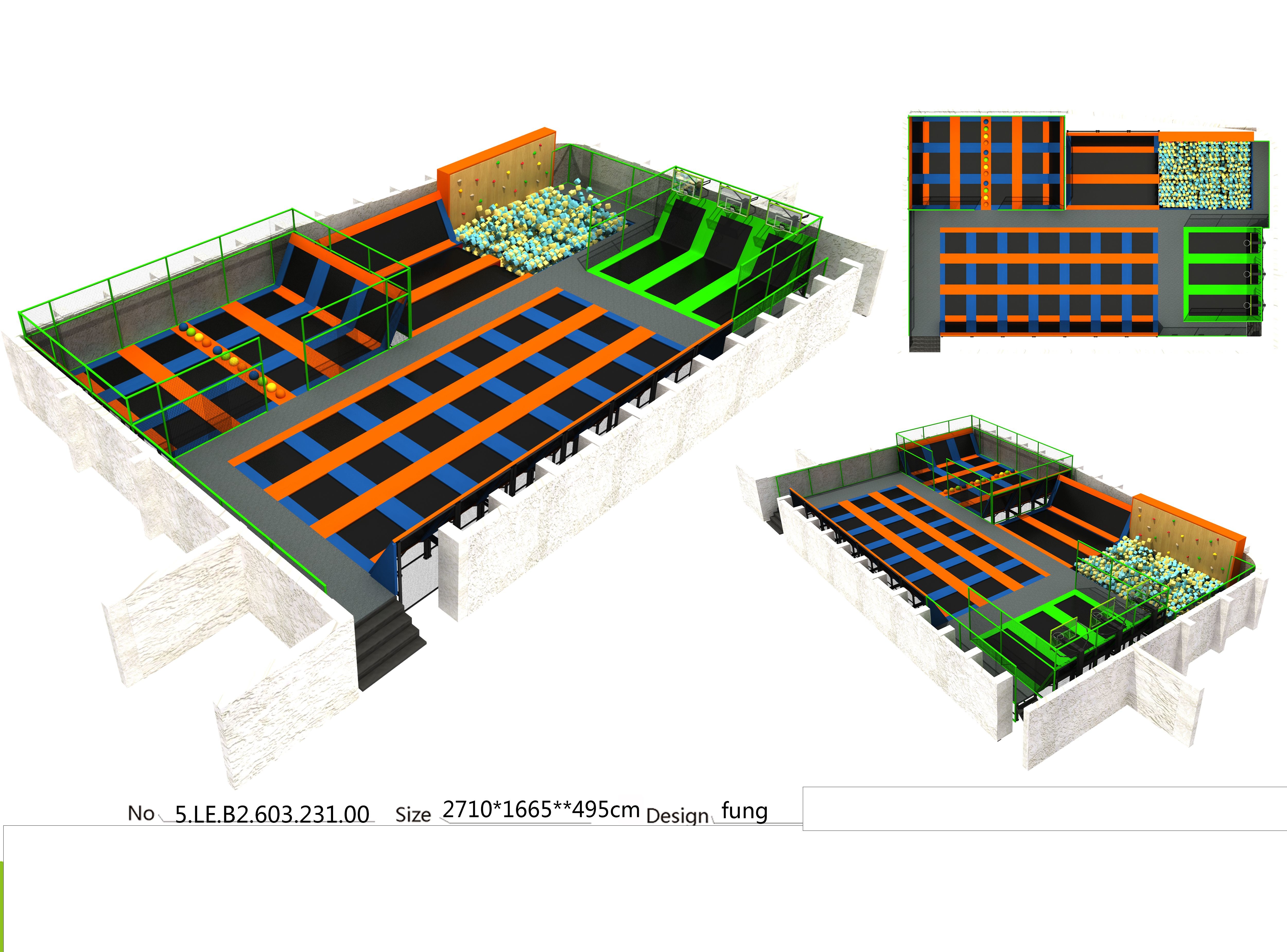 430M2 Long Square Shape Orange & Green Style Trampoline Park Event Equipment
