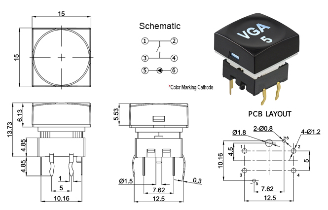15x15 LED Push Button Switch 30mA 30VDC With Sculptured Cap
