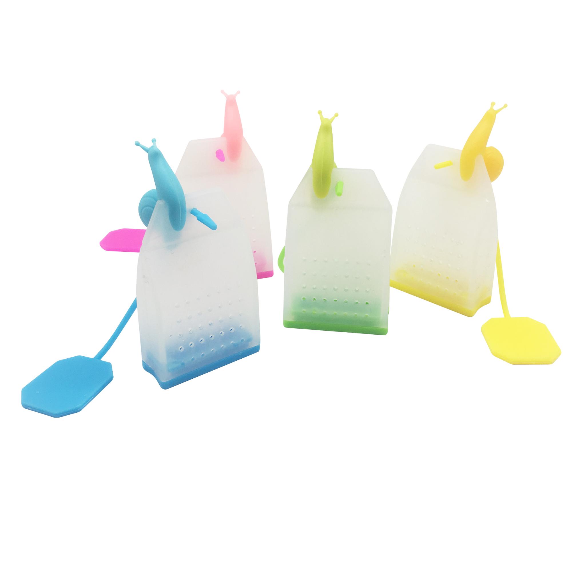 4pcs BPA- Free Custom Logo Printed Colorful Genuine Reusable Silicone Tea Bag Infuser Gift Set with Cute Snail Cup Charms