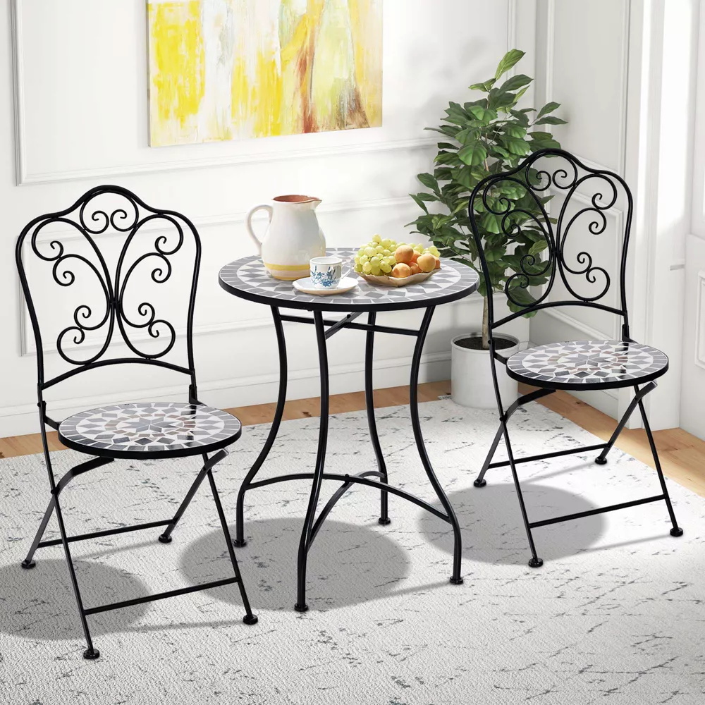 Outdoor Furniture AJUNION 2 Seating Chair and Table Set Metal Iron Foldable Chair Antique Mosaic Tile Table Bistro Set