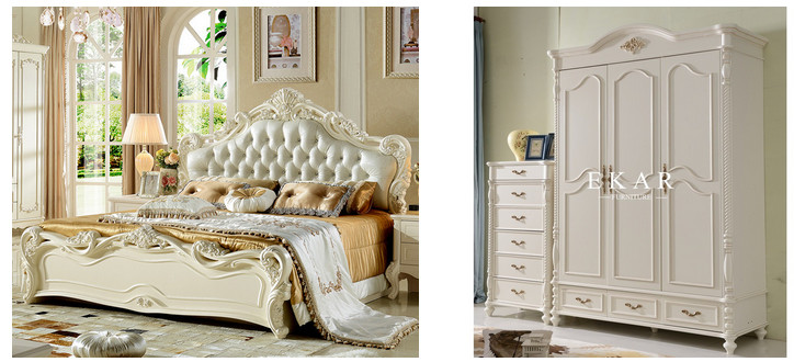 2017 newest Classic French style wooden soft leather bed