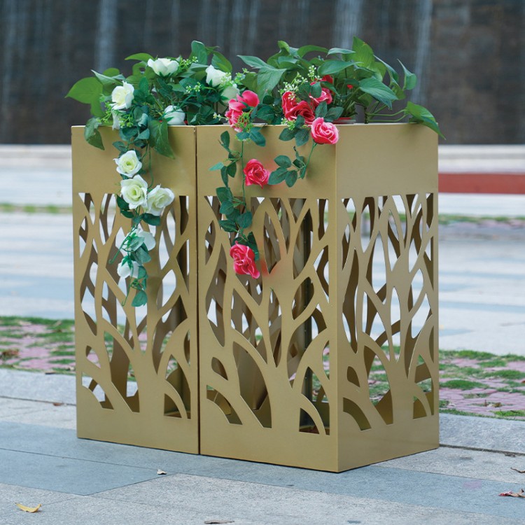 Outdoor tall metal planter with stand yellow and black flower pot