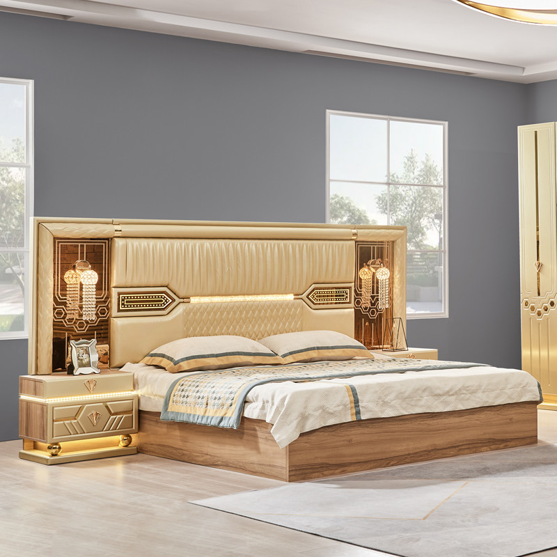2025 New Modern Design King Size Double Leather Bed Suite Master Room Full Set Luxury Wooden 5 Piece Home Furniture Bedroom Sets