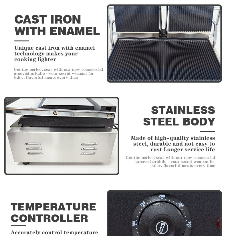 Commercial Full Grooved Electric Grill with Non-stick Cast Iron Panini Burger Press