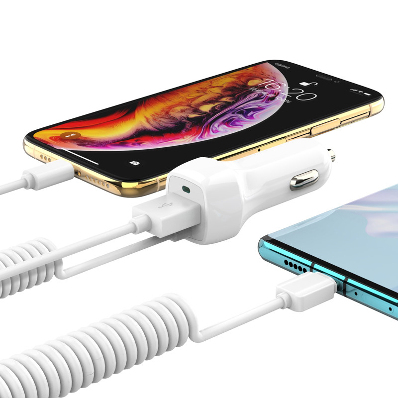 OEM 5V 3.4A Mobile Phone Car Charger With Spring Coiled Cable