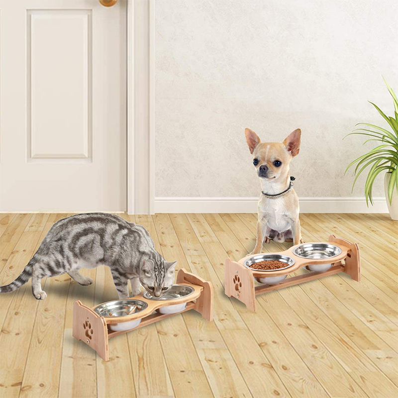 3l Capacity Raised and Elevated Bamboo Pet Feeder with Adjustable Bowls