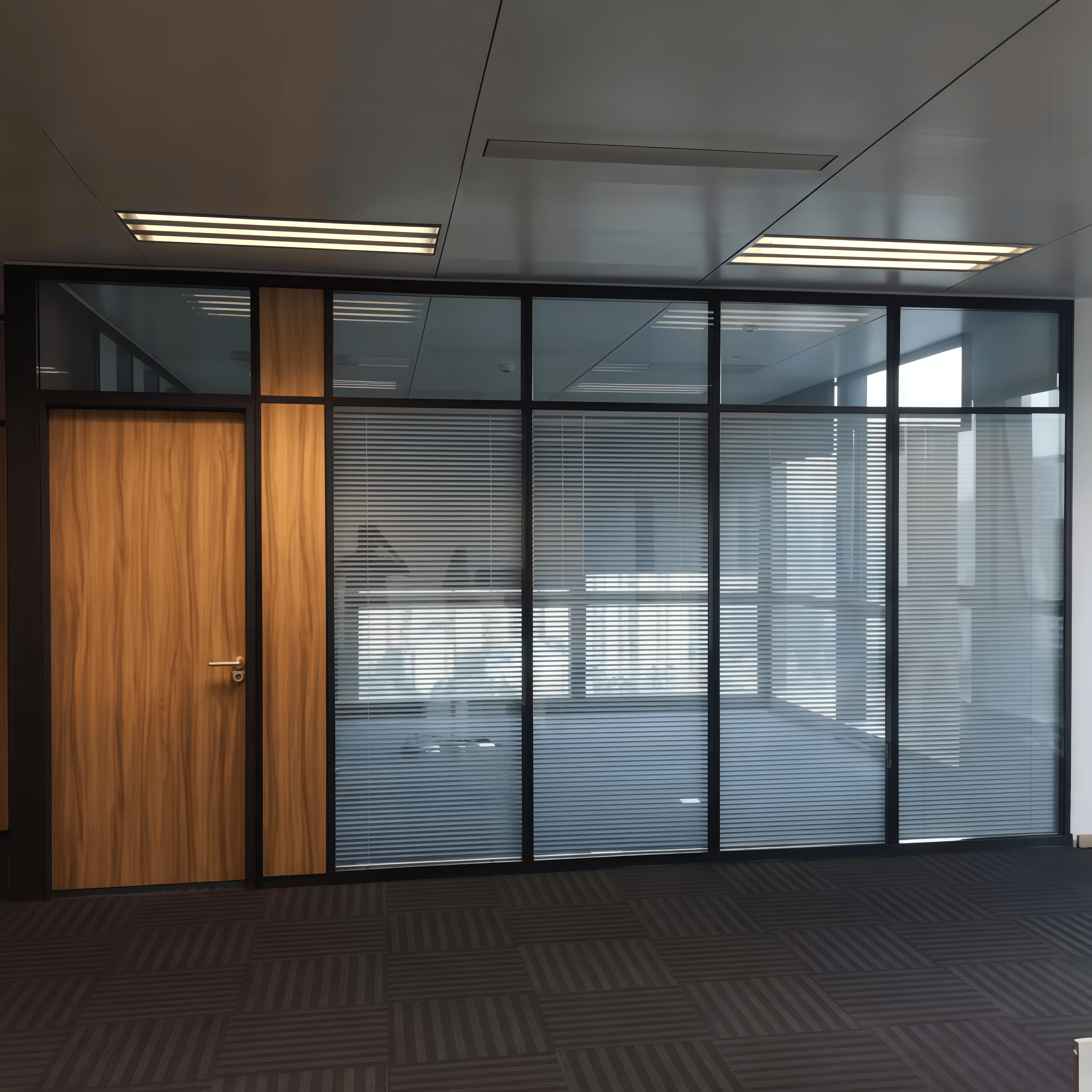 Gold Framed Dual-Level Glass Partition Wall with Blinds