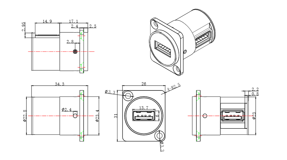 Indoor Outdoor Panel Mount Connector Female Male Ip65 Waterproof Data Cable Connector