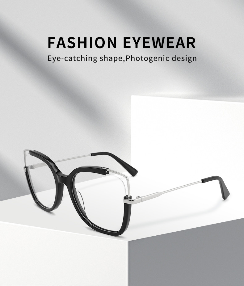 Unique Cat Eye Metal And Acetate Glasses Flexible With Clear Lenses