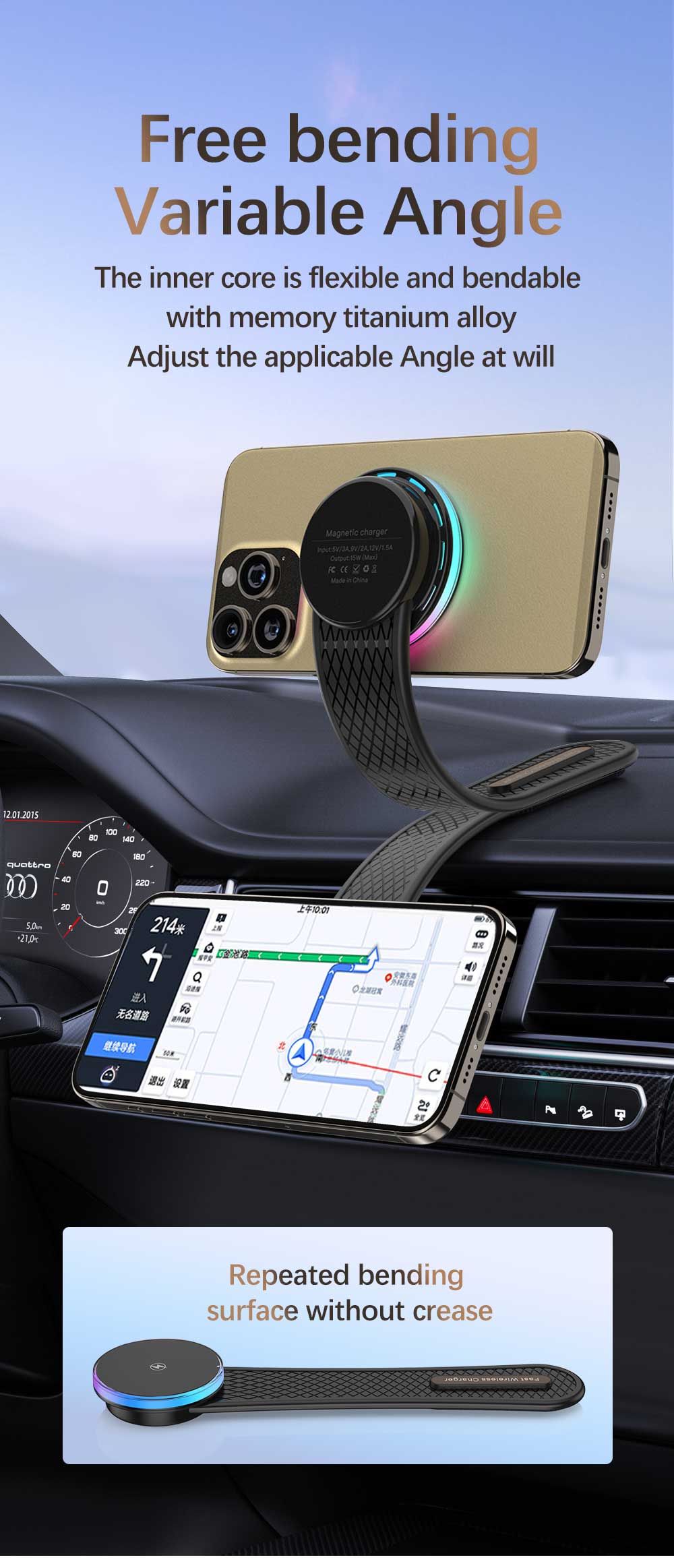 15w Magnetic Wireless Car Charger Pad with ABS Material and Type C Input Port
