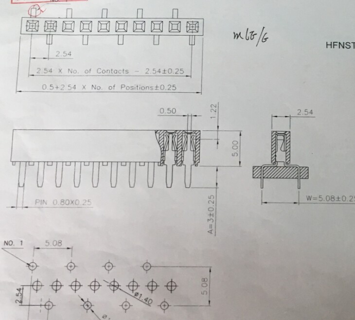 2.54mm female header single row bottom entry type base 5.00H