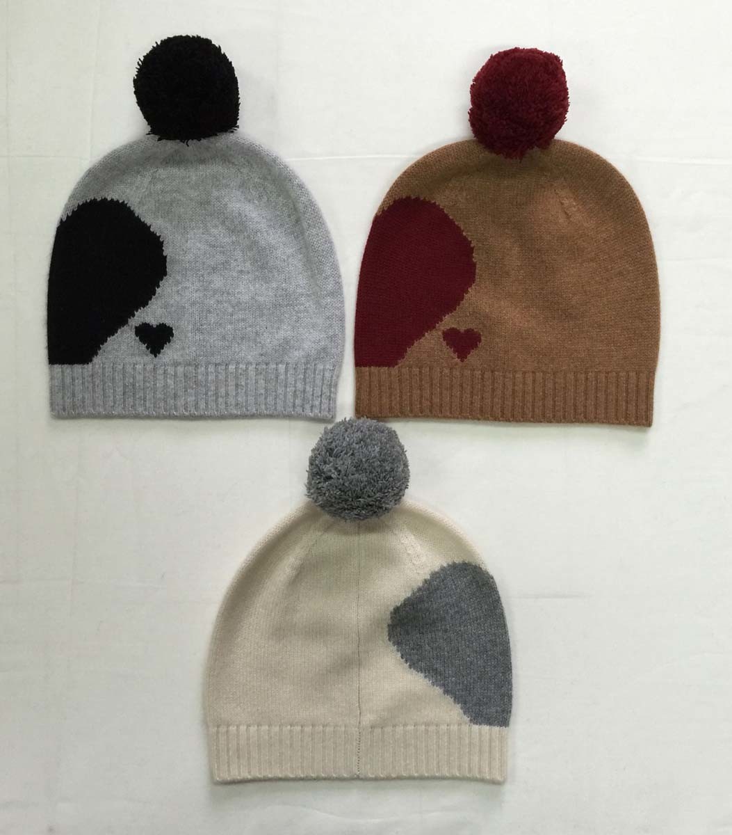 Women ' S Heart Jacquard Knitted Pom Pom Hat 100 Percent Cashmere Material