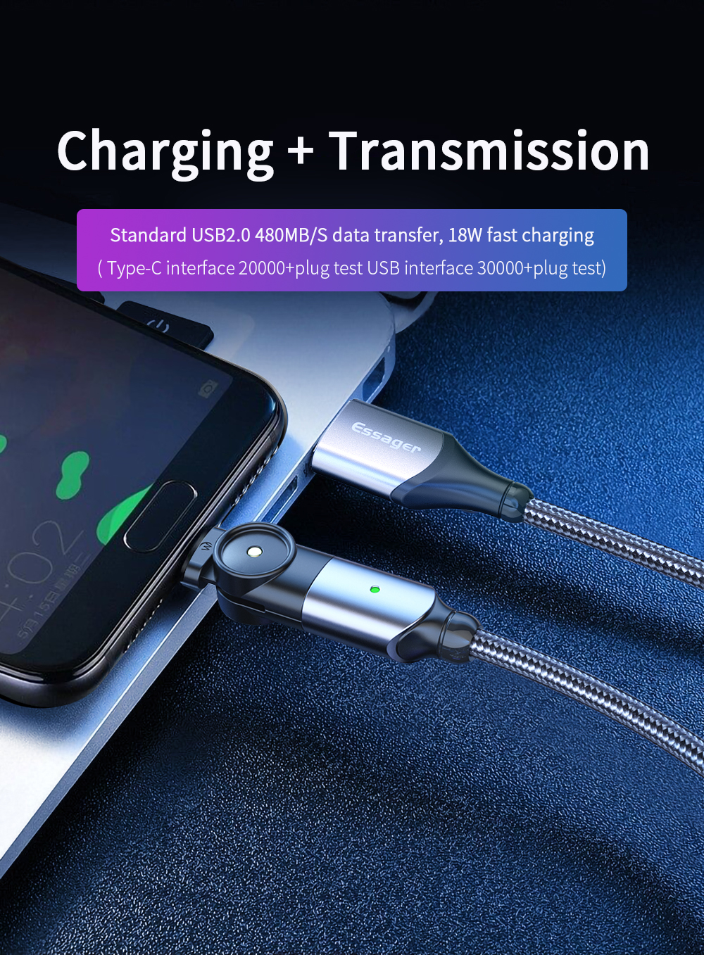 180 Rotate USB A To Micro B Cable Fast Charging LED Charger Data Cable