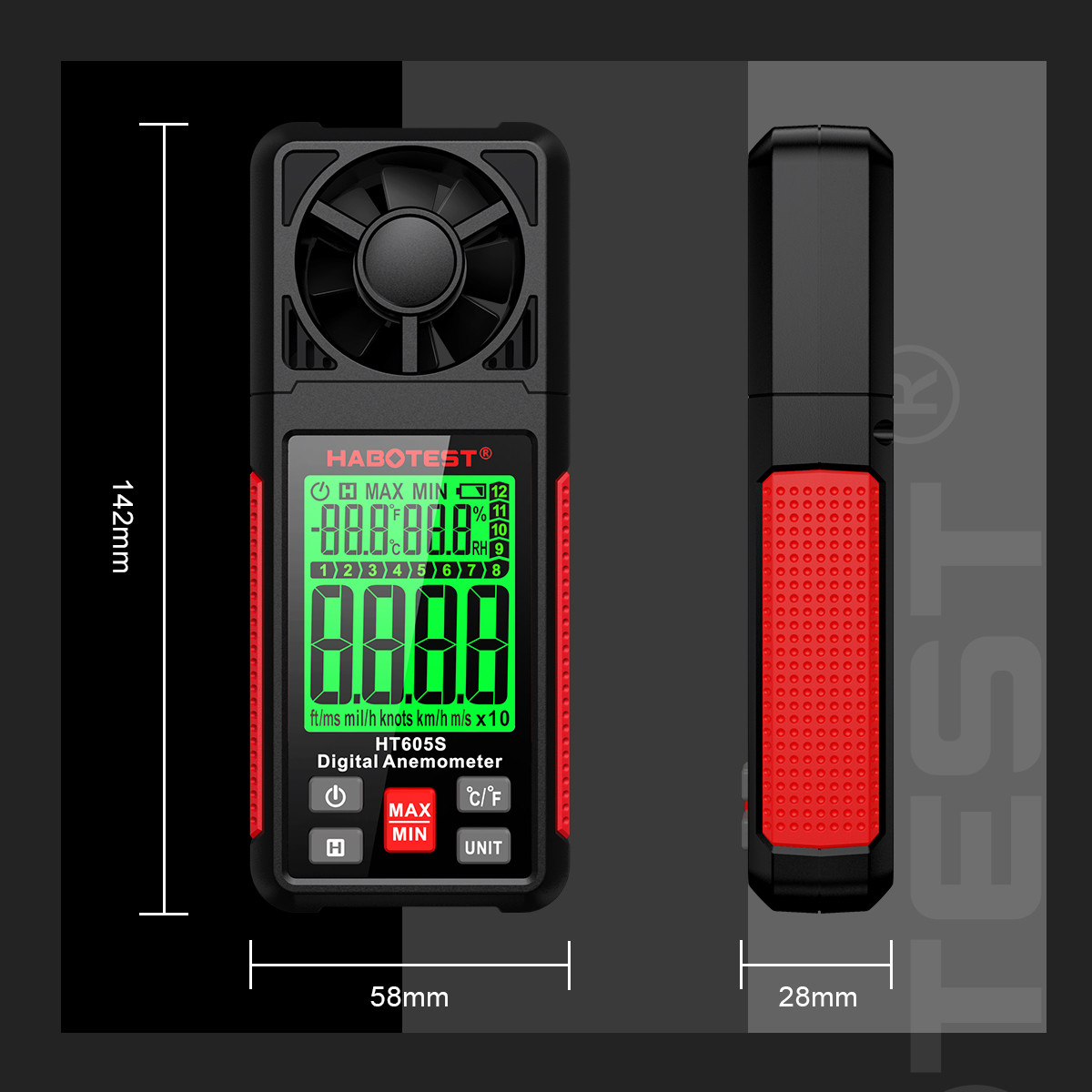 HT605S Digital Anemometer Air Flow Wind Speed Meter LCD Backlight Professional 3 in 1 Thermometer Hygrometer Anemometer