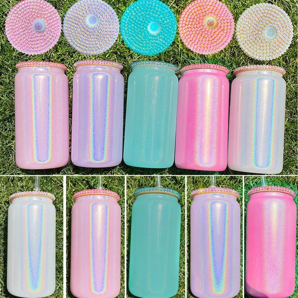 16oz Glitter Iridescent Glass Water Tumbler glass drinking bottle with bamboo lid For Iced Coffee Beer Juice Soda